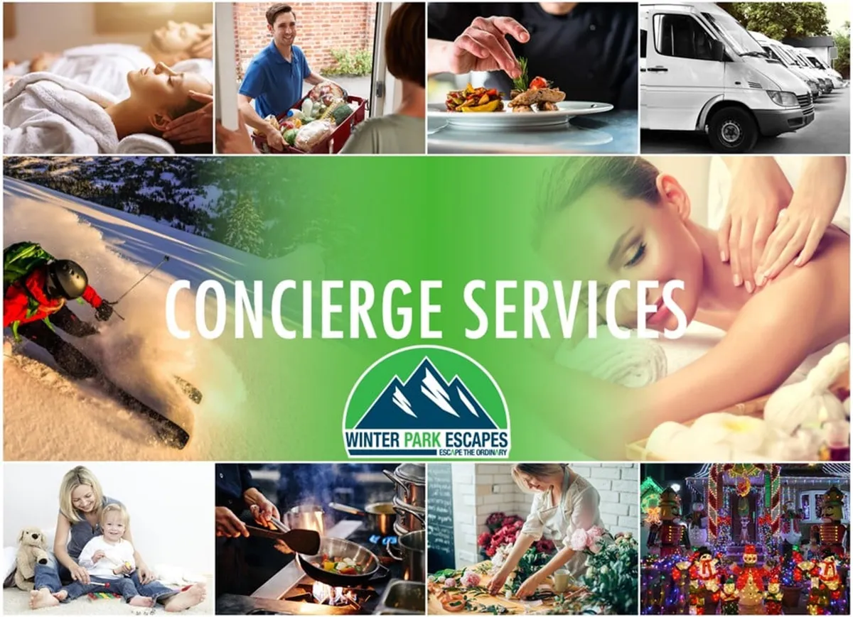 A collage-like interior featuring the Winter Park Escapes logo, text referencing concierge services, and images depicting spa treatments, family gatherings, gourmet food, and winter sports. The setting is upscale and welcoming, illustrating how guests can enhance their stay with personalized activities and services year-round.