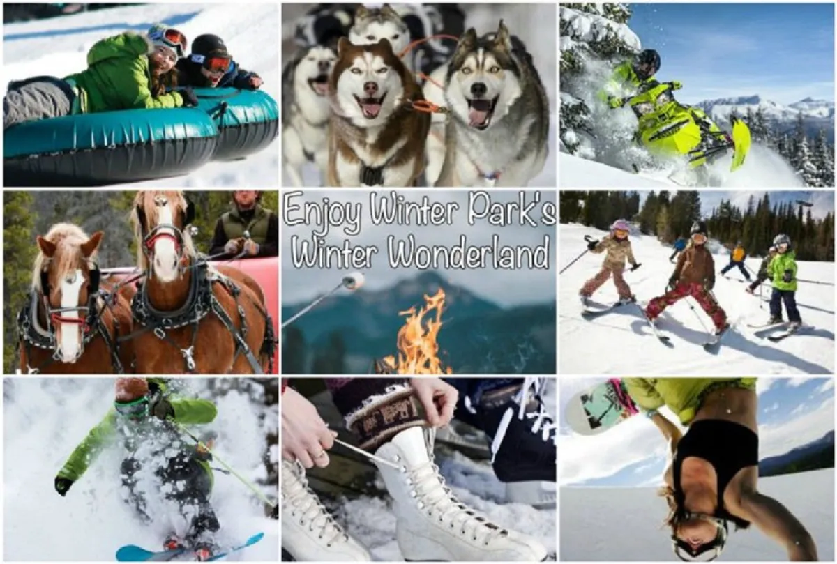 An exhilarating winter landscape bustling with joyful activity—children tubing down snowy hills, huskies pulling a sled, snowboarders catching air, and families gathered around a glowing fire pit. Snow blankets the surroundings, enhancing the festive, playful spirit of a mountain getaway.