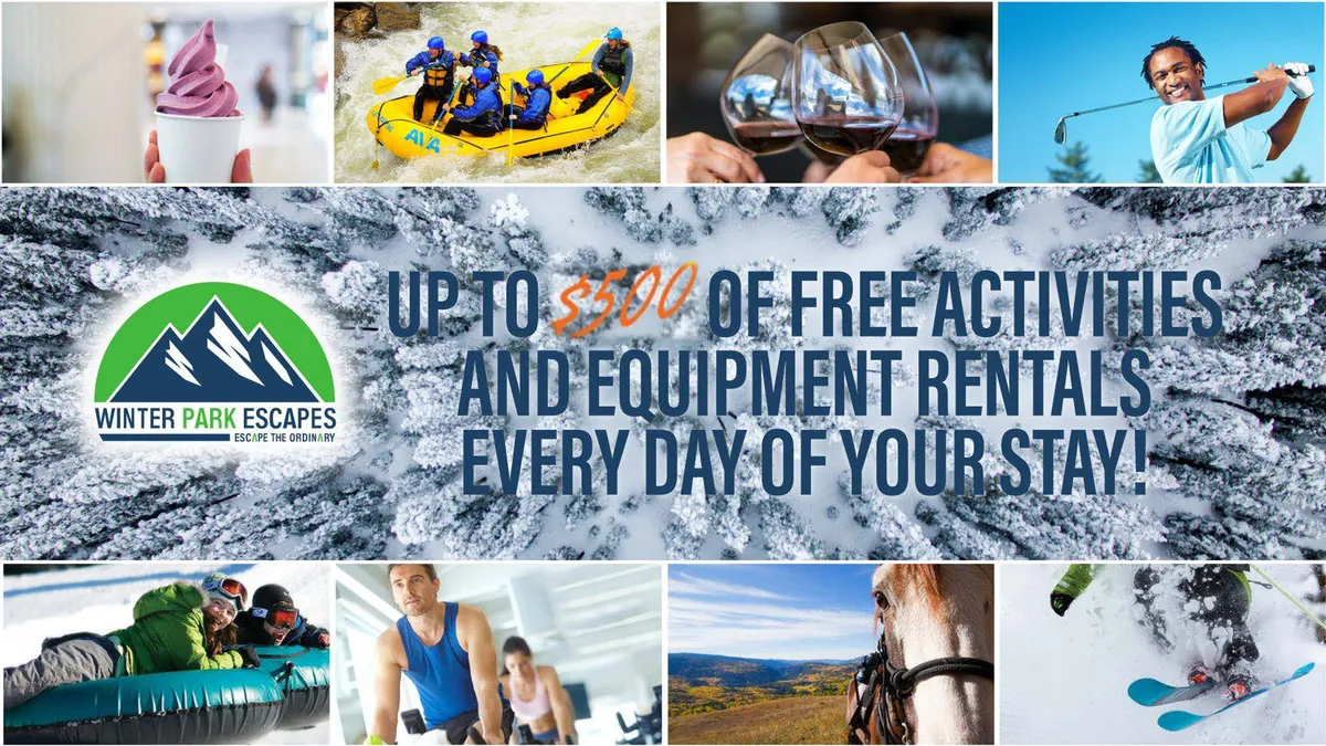 A vibrant exterior collage of multiple adventure activities, including people rafting down a rushing river, families enjoying snow tubing, friends skiing, horseback riding across mountain meadows, and romantic wine tasting at sunset. The image highlights the diversity of complimentary experiences offered across seasons.